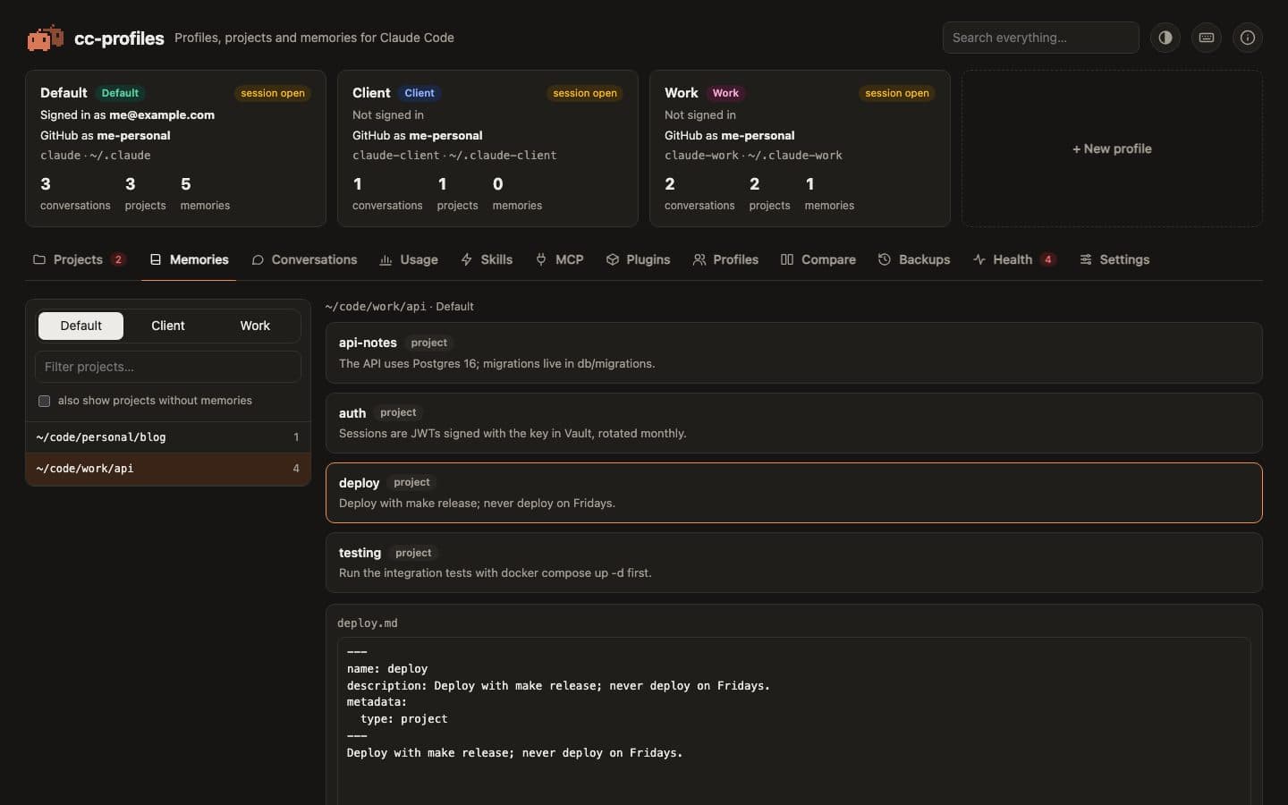The memories of a project, read from its folder and editable in place